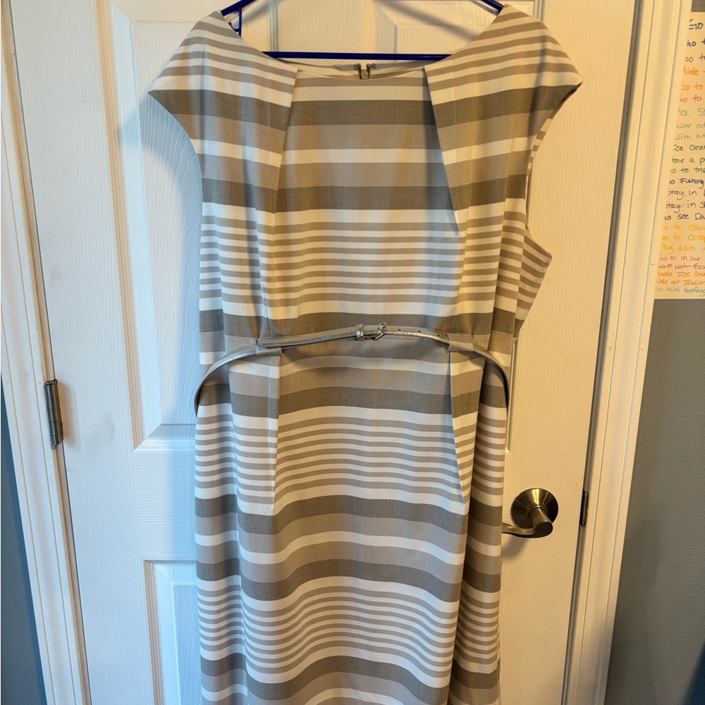 Calvin Klein Beige and White Striped Midi Dress